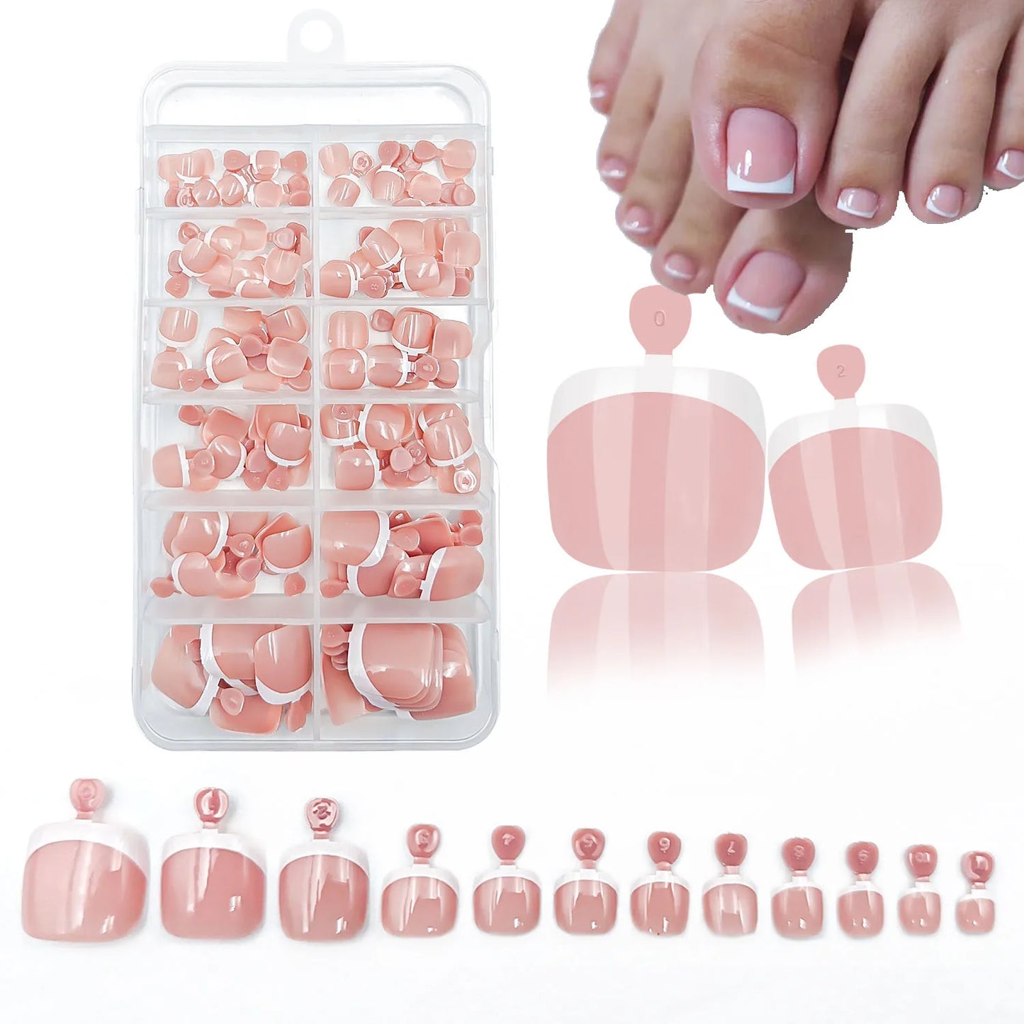 120Pcs Glossy Nude Pink French Press-On-Toenail Set 1*Box Short French Square Fake Toe Nails Solid-Color Manicure Toenails Tips
