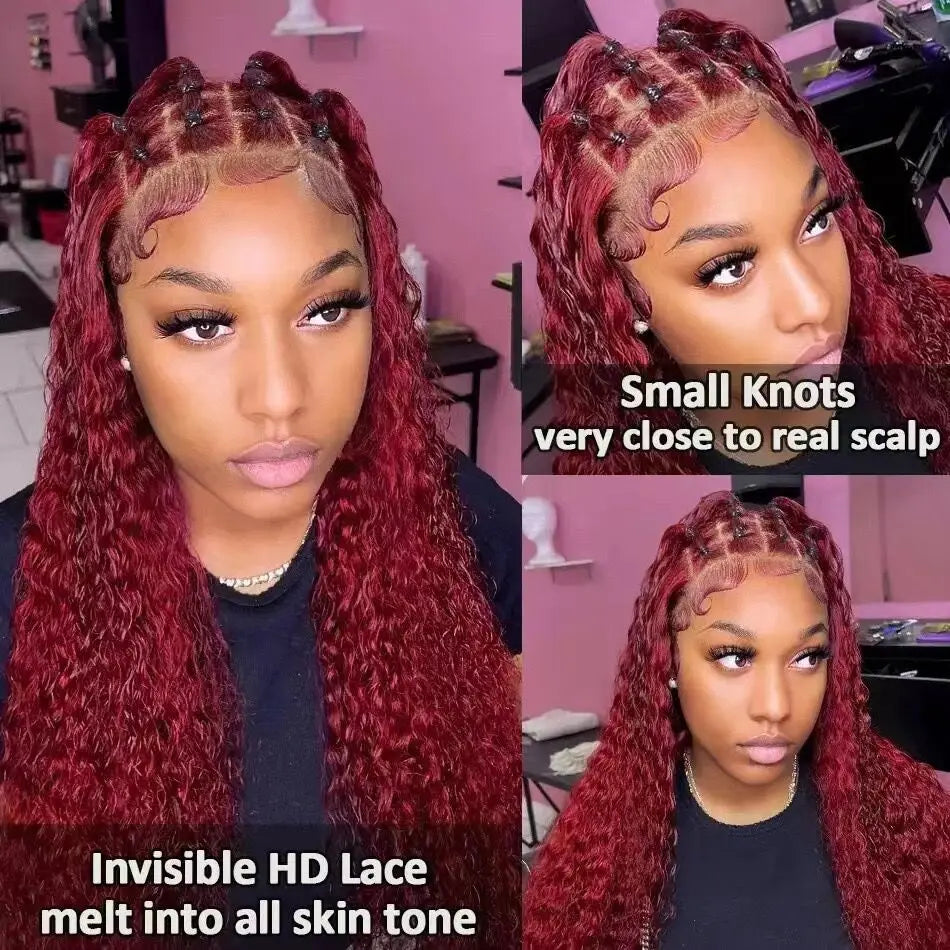 Glueless Lace Front Wigs for Black Women 99j Burgundy Color Preplucked Human Hair Wigs 360 Full Lace Water Wave hd Frontal Wig