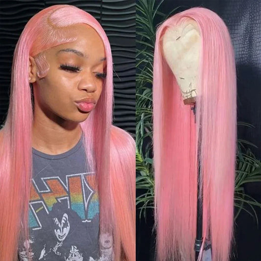 Pink Lace Front Wig Human Hair for Women Long Straight Customized Colored Pink Color Human Hair HD Transparent Lace Closure Wigs