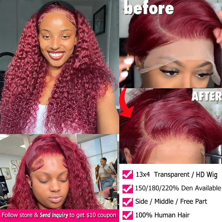 Glueless Lace Front Wigs for Black Women 99j Burgundy Color Preplucked Human Hair Wigs 360 Full Lace Water Wave hd Frontal Wig