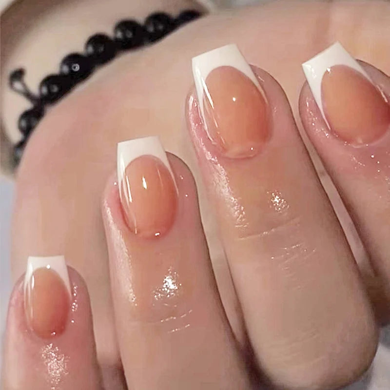 ARTAUG 24PCS Short Press On Nails Square Pink Fingertip White French Trim Press On Nails Full Cover Fake Nails Set Nail