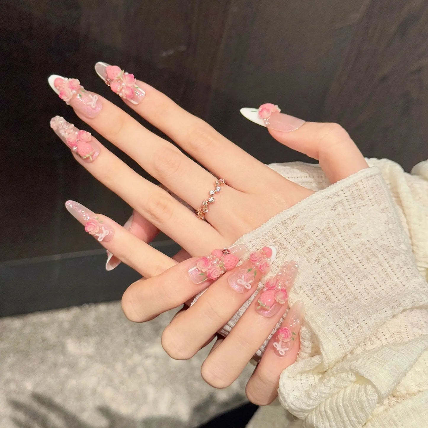 10PCS Long Oval Handmade Press On Nails,Gentle And Delicate Girl Style,Suitable For Festivals Parties And Daily Wear.