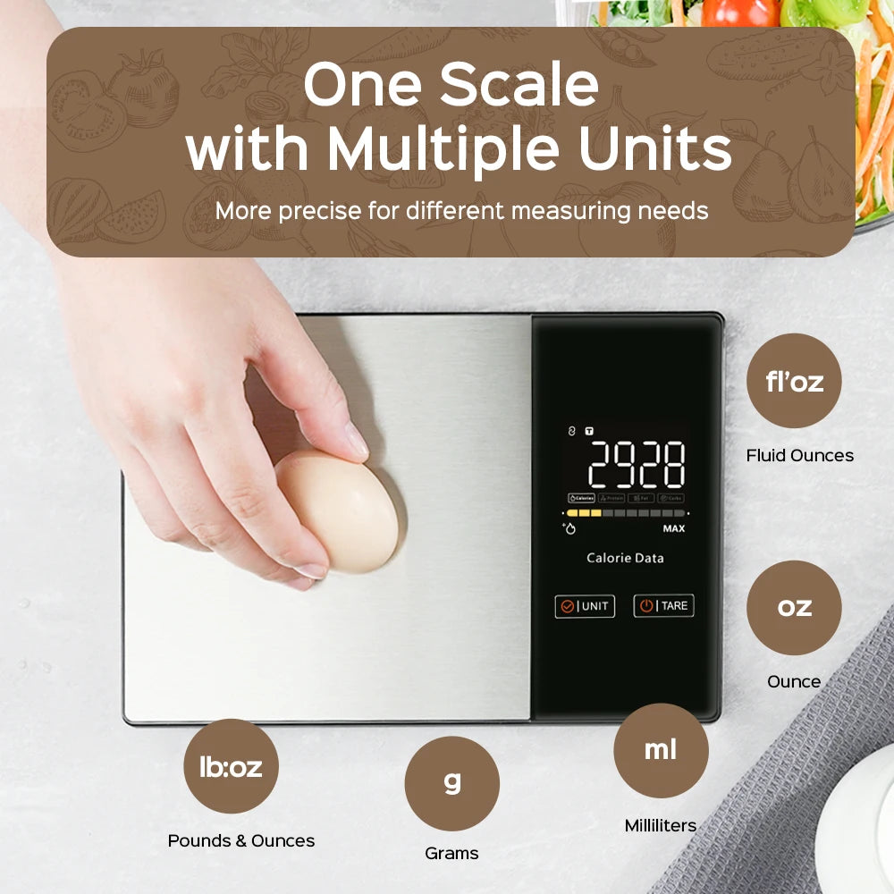 Smart Kitchen Scale Food Calorie Protein Fat Carbs Nutritional Calculator Scales, 11LB / 5kg Stainless Steel Kitchen Food Scale