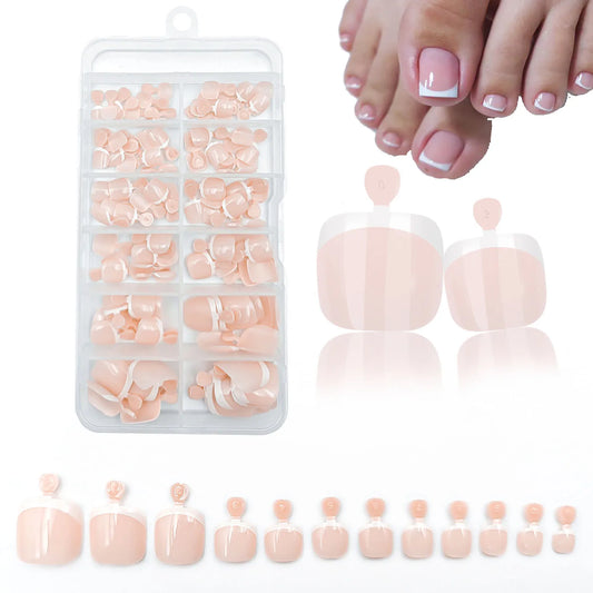 120Pcs Glossy Nude Pink French Press-On-Toenail Set 1*Box Short French Square  Fake Toe Nails Solid-Color Manicure Toenails Tips