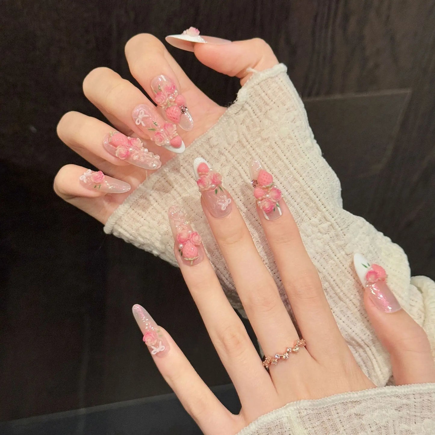 10PCS Long Oval Handmade Press On Nails,Gentle And Delicate Girl Style,Suitable For Festivals Parties And Daily Wear.